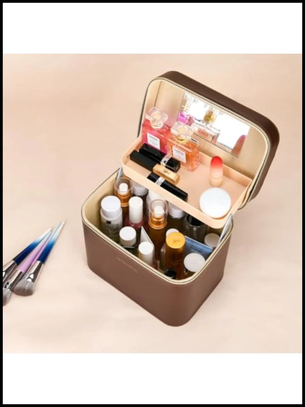 Large Train Case Makeup Box Portable Leather Cosmetic Organizer with Mirror